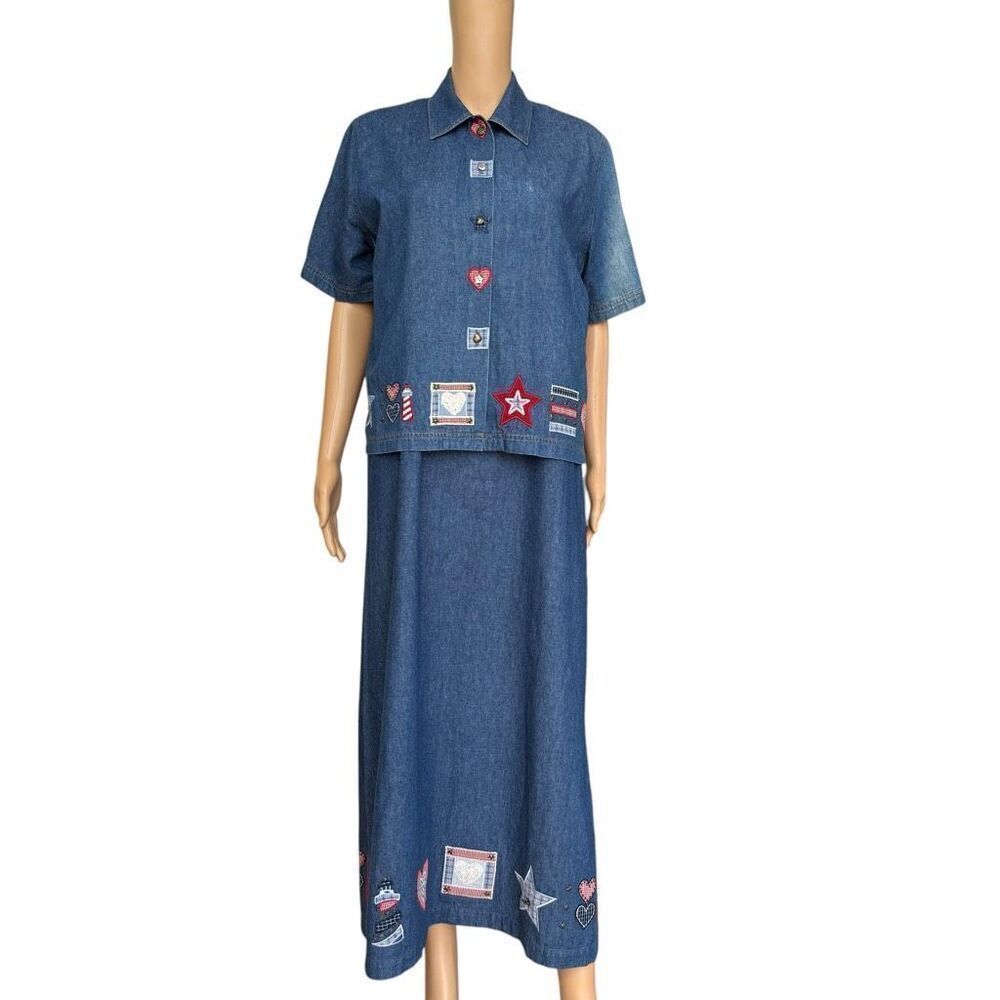 KORET CITY BLUES EMBROIDERED STARS HEART PATRIOTIC DENIM JUMPER DRESS set size M